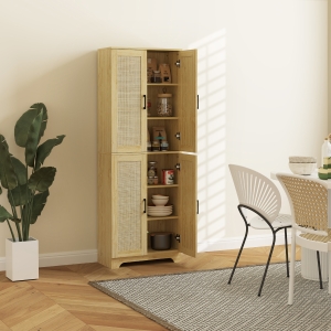 HOMCOM 67" Tall Kitchen Pantry, Freestanding Kitchen Storage Cabinet with 4 Rattan Doors and Adjustable Shelves, Oak