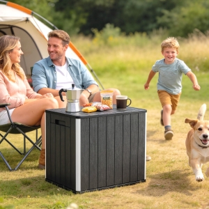 Outsunny 30 Gallon Storage Box, Outdoor Side Table with Umbrella Holder, Black