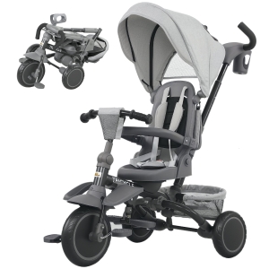 Qaba 6 in 1 Kids Tricycle with Adjustable Push Handle, Removable Canopy, Reversible Seat, for 1-5 Years, Gray