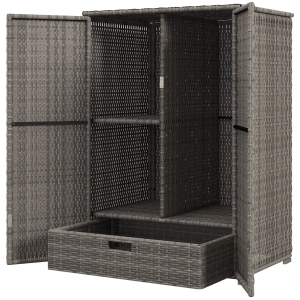 Outsunny Outdoor Storage Cabinet with Shelves, Rattan Pool Towel Storage Cabinet with Removable Shelf & Drawer, Dark Gray