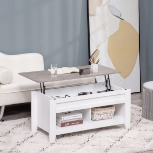 HOMCOM Lift Top Coffee Table with Hidden Storage Compartment and Open Shelves, Lift Tabletop Pop-Up Center Table for Living Room, White