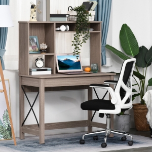 HOMCOM Computer Desk with Hutch, Home Office Table with Storage Shelves and Open Compartments for Writing, Work, Brown