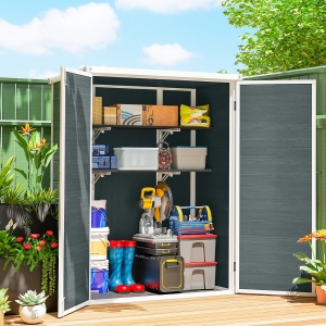 Outsunny Outdoor 4.4' x 2.3' Plastic Storage Shed with Lockable Doors and Foldable Shelves, Wood-Effect Garden Shed, Grey