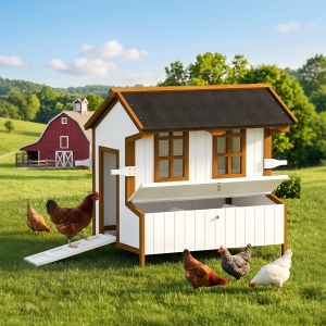 PawHut 47" Chicken Coop Wooden Chicken House Rabbit Hutch Raised Poultry Cage Portable Hen Pen Backyard