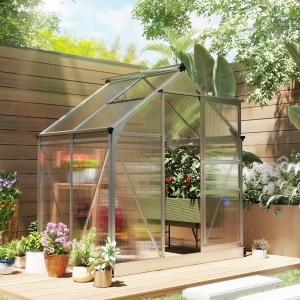 Outsunny 6' x 4' x 6.6' Polycarbonate Greenhouse, Walk-In Green House Kit Garden, Plants Grow, Galvanized Sheet Aluminum Frame