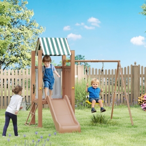 Qaba 4-in-1 Kids Swing Set for Playground with Slide, Covered Fort, Climbing Ladder, Ground Stakes, for Kids Ages 3-8, Brown