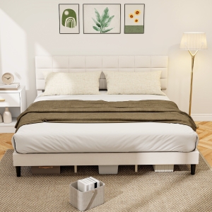 HOMCOM King Size Bed Frame with Upholstered Headboard, Modern Platform Bed Frame with Wood Slats, 1100 lbs Capacity, Cream