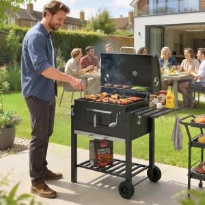 Outsunny BBQ Trolley Charcoal Grill Portable Stainless Steel Barbecue Tool Kits w/ Wheels Side Shelf for Camping Hiking Picnic