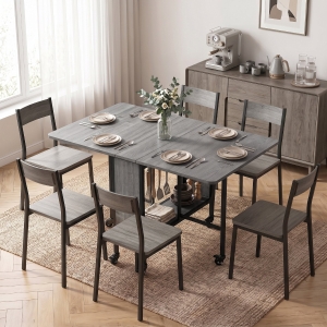 HOMCOM Folding Dining Table, Extendable Kitchen Table for Small Spaces with Storage Shelf and 6 Wheels, Distressed Grey