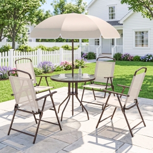 Outsunny 6 Pieces Outdoor Dining Set for 4 with Umbrella Patio Outdoor Furniture Set with Round Table 4 Folding Chairs Cream