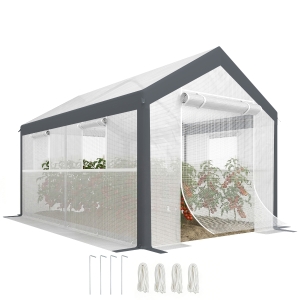 Outsunny 12' x 7' x 7' Greenhouse, Walk-in Outdoor Tunnel Green House with PE Cover, Steel Frame, 2 Roll-Up Zipper Doors & 4 Windows for Flowers, Vegetables, Tropical Plants, White/Dark Gray