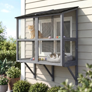 PawHut Catio Outdoor Cat Enclosure Wall-Mounted 2-Level Outdoor Cat House with Waterproof Roof 51.2" Grey