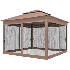 Outsunny Outdoor Patio Pop Up Canopy Gazebo Shelter with Zipper Netting, Carry Bag, 11' x 11', Brown