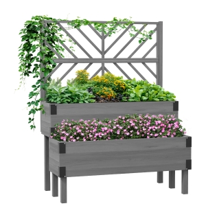 Outsunny 2 Tier Trellis Planter, Wooden Raised Garden Bed, Gray