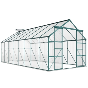 Outsunny 16' x 8' Aluminum Greenhouse Polycarbonate Walk-in Garden Greenhouse Kit with Adjustable Roof Vent, Rain Gutter and Sliding Door for Winter, Clear