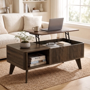 HOMCOM 40" Fluted Lift Top Coffee Table with Storage, Mid-Century Coffee Table with Hidden Compartment, Open Shelf, Walnut