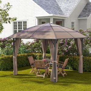 Outsunny 10' x 10' Outdoor Hardtop Gazebo Canopy with UV60+ Polycarbonate Roof, Steel Frame, Central Hook, Curtains, Khaki