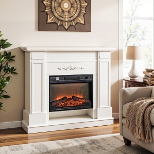 HOMCOM 46" Electric Fireplace with Mantel and Shelf, 1400W Fireplace Heater with Realistic Log and Flame Effect, White