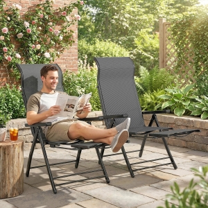 Outsunny Folding Patio Chairs Set of 2, 5-Position Outdoor Lounge Chairs with High Back, Retractable Footrest, Dark Grey