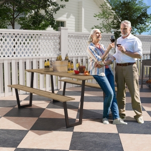 Outsunny 5.7 FT Outdoor Picnic Table with 2" Umbrella Hole, Spruce Wood Dining Table and 795 LBS Benches with Steel Frame, Brown
