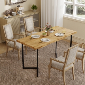 HOMCOM Dining Table Thick Top Kitchen Table Black Alloy Legs Oak Wood Grain