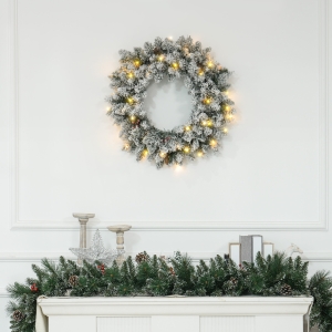 HOMCOM 24" Christmas Front Door Wreath with Lights Flocked Christmas Wreath with Pine Cones and Berries for Windows Green
