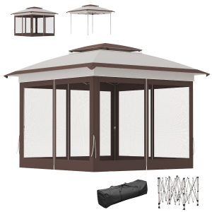 Outsunny 12' x 12' Pop Up Canopy Tent with Netting and Carry Bag, Instant Sun Shelter with 137 sq.ft Shade, Beige and Brown