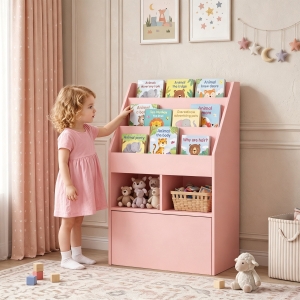 HOMCOM Kids Bookcase with Storage Drawer for Books, Reading Nook, for Classroom, Bedroom, Playroom, Pink