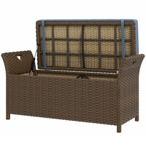 Outsunny Outdoor Patio Wicker Storage Bench, 2-In-1 Rattan Patio Furniture, 29 Gal Storage Box w/ Cushion, Dark Blue