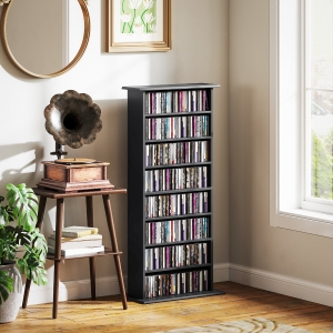 HOMCOM 8-Tier DVD Shelf with 6 Adjustable Shelves, Slim CD Shelf, Holds 360 CDs, 185 DVDs or 185 Blu-rays, Black