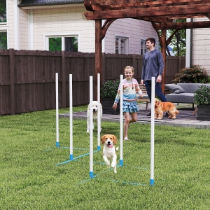PawHut Adjustable Dog Agility Training Obstacle Set with Weaves Poles and Storage Bag for Pet Dogs Outdoor Games Exercise Blue and White