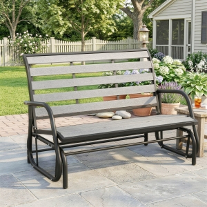 Outsunny 2 Person Outdoor Glider Bench, Patio Glider Loveseat with Faux Wood Slatted Seat and Back, Steel Frame, Grey