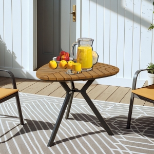 Outsunny 35.4" Outdoor Dining Table with Slatted Acacia Wood Leaf Tabletop, Patio Table with Steel Legs for Garden, Yard, Teak