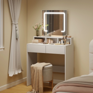 HOMCOM Makeup Vanity Desk with Mirror and LED Lights, for Bedroom, Modern Dressing Table with Drawers, Compartments, White