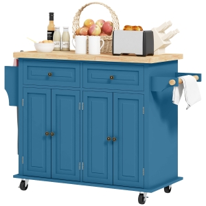 HOMCOM Kitchen Island on Wheels, Rolling Cart with Rubberwood Top, Spice Rack, Towel Rack and Drawers, Turquoise