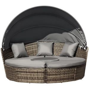 Outsunny 4-Piece Round Convertible Daybed with Cushions, Outdoor PE Rattan Patio Wicker Sofa Set, Dark Gray