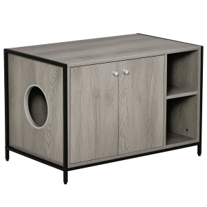 PawHut Large Wooden & Steel Cat Litter Box Enclosure, Kitten Washroom End Table, Indoor Hidden Cat House with Magnetic Doors & Storage Shelves, Gray
