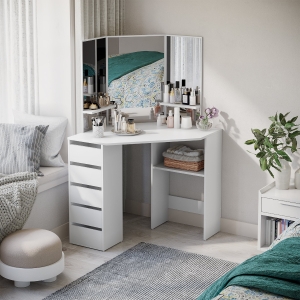 HOMCOM Corner Dressing Table, Makeup Desk with 3-piece Mirror and 5 Drawers, White