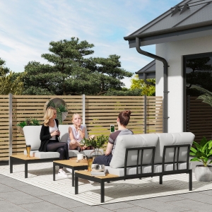 Outsunny 4 Piece L Shaped Garden Furniture Set, 4 Seater Outdoor Corner Garden Set, 2 Loveseats, 2 Coffee Tables, Teak