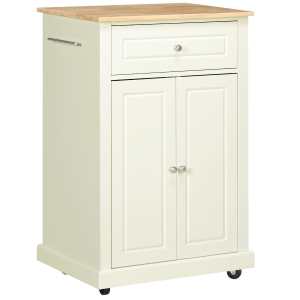 HOMCOM Rolling Kitchen Island Cart, Portable Serving Trolley Table with Drawer, Adjustable Shelf and 2 Towel Racks, Cream White