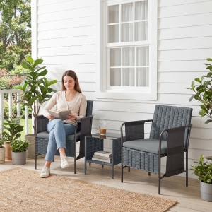 Outsunny 3 Piece Wicker Patio Furniture Set, Outdoor Bistro Set, Side Pockets, Mesh Seat, 2 Tier Glass Table, Cushions, Grey