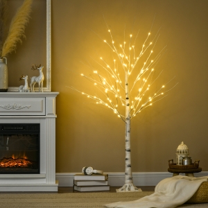 HOMCOM 5 ft Artificial Birch Tree Light with Pre-Lit LED Light for Home Party, Indoor and Covered Outdoor Use