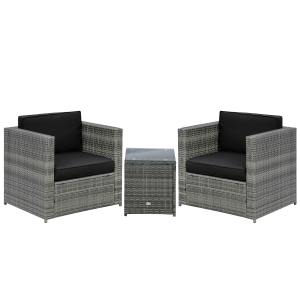 Outsunny Wicker Bistro Patio Set, 2 Porch Chairs & Glass Table, Black