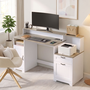 HOMCOM Computer Desk with Power Outlets Office Desk 1 Cabinet File Drawer Grey Brown White