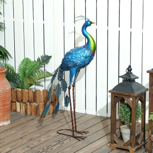 Outsunny Peacock Garden Statue, 32.7" Standing Lawn Ornament Bird Statue with Stakes for Lawn Navy Blue