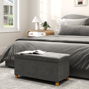 HOMCOM Storage Ottoman Bench, Velvet Upholstered Foldable Ottoman Footrest, Foot Stool with Wood Legs for Living Room, Bedroom