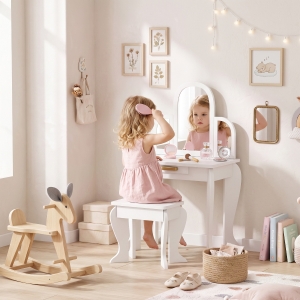 Qaba Kids Dressing Table and Chair Set, Girls Dressing Set, Makeup Desk with Drawer for 3-6 Years Old Kids, White
