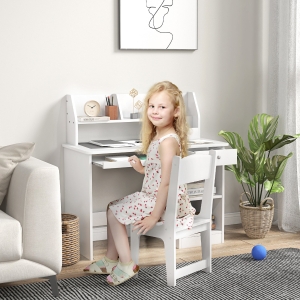 Qaba Kids Desk and Chair Set for 5-8 Year Old with Storage, Study Table and Chair for Children, White