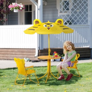 Outsunny Kids Folding Picnic Table and Chair Set Pattern Outdoor Garden Patio Backyard with Removable & Height Adjustable Sun Umbrella Yellow