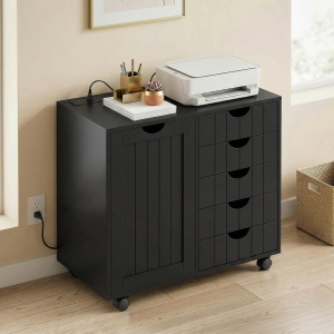 HOMCOM Mobile Lateral Filing Cabinet with 5 Drawers, Printer Stand with Power Outlets and USB Ports for Home Office, Black